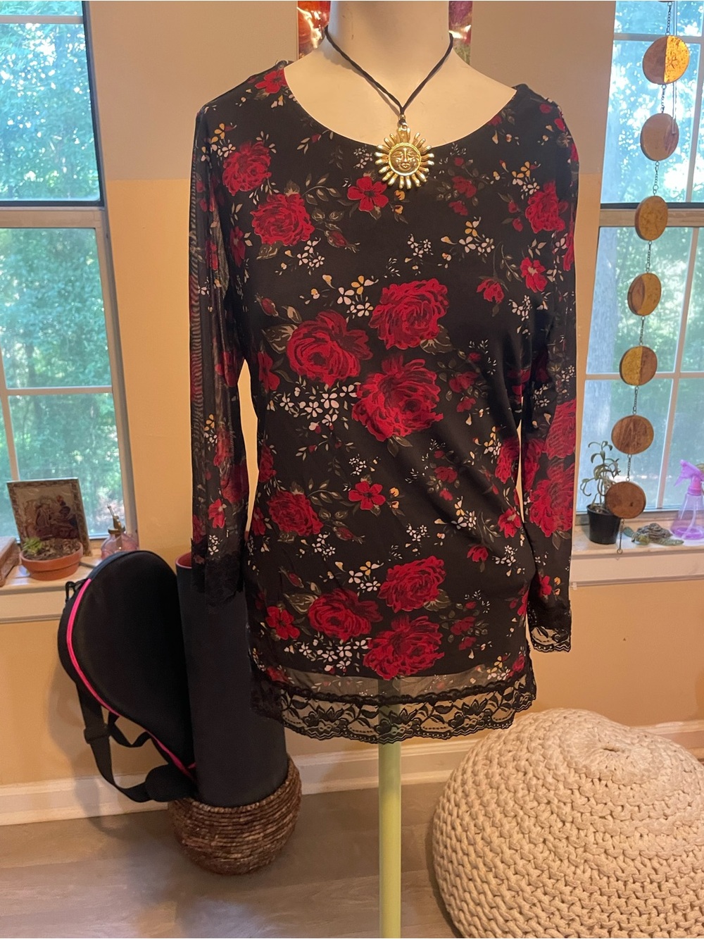 No Boundaries Black Long-Sleeve Dress with Red Rose Print and Lace Trim